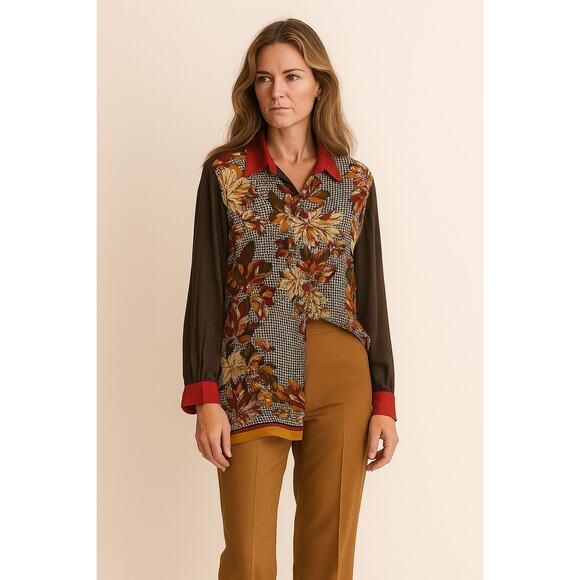 Vintage Diane Gilman Womens 100% Silk Top Large Collared Houndstooth Fall Office - Picture 1 of 6